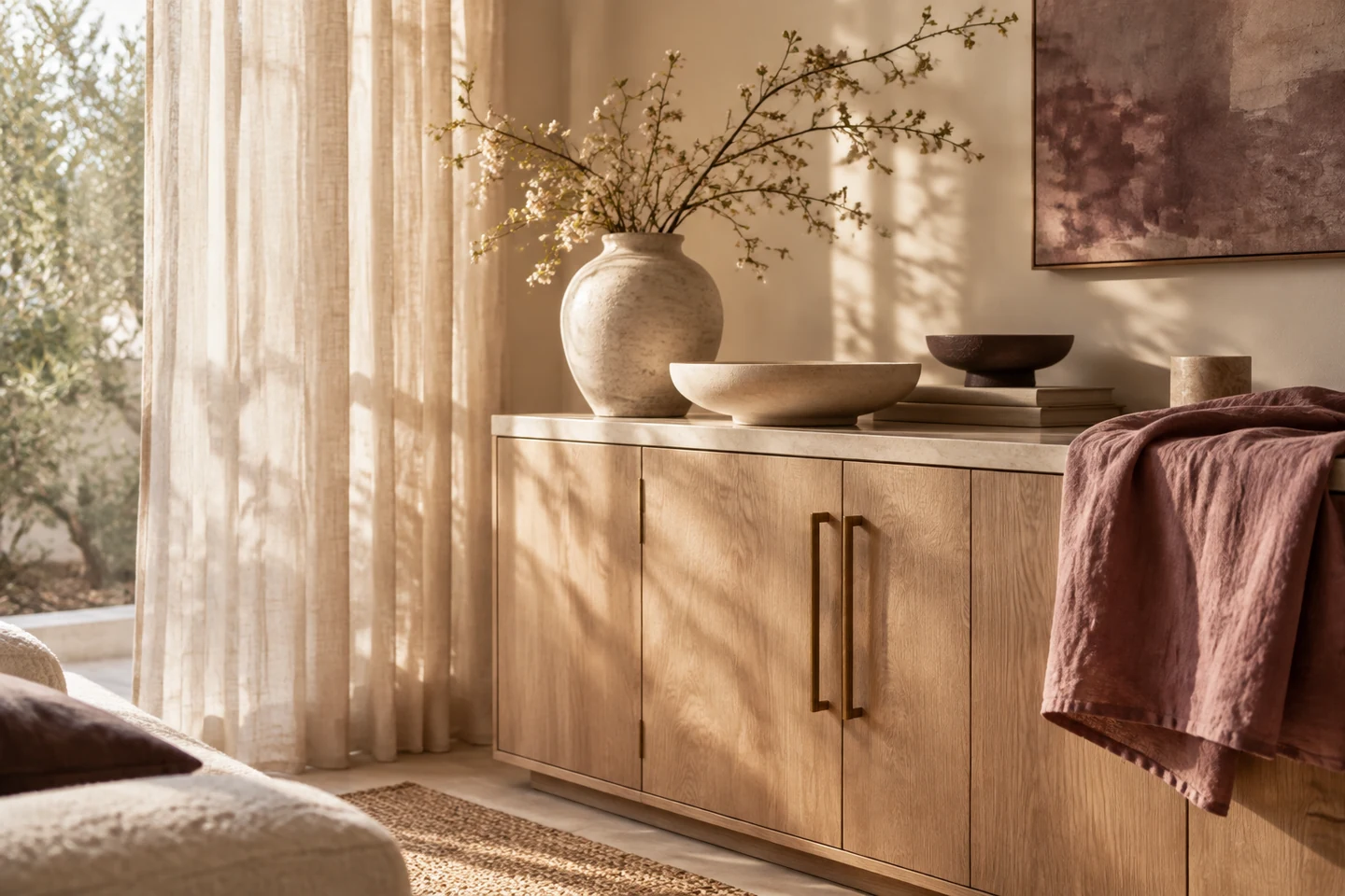 Linen, ceramic and brass details in a sunlit room