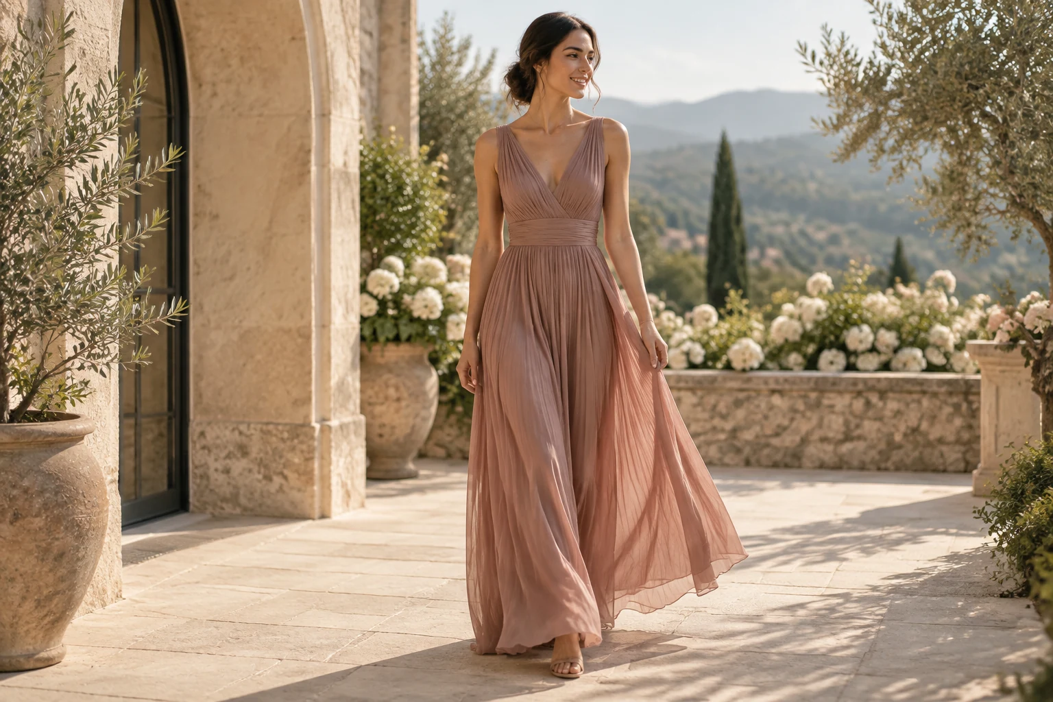 Sunlit terrace with a flowing dusty-rose occasion dress