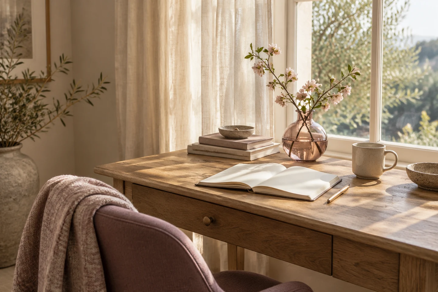 An inviting writing corner with soft daylight and ceramic details