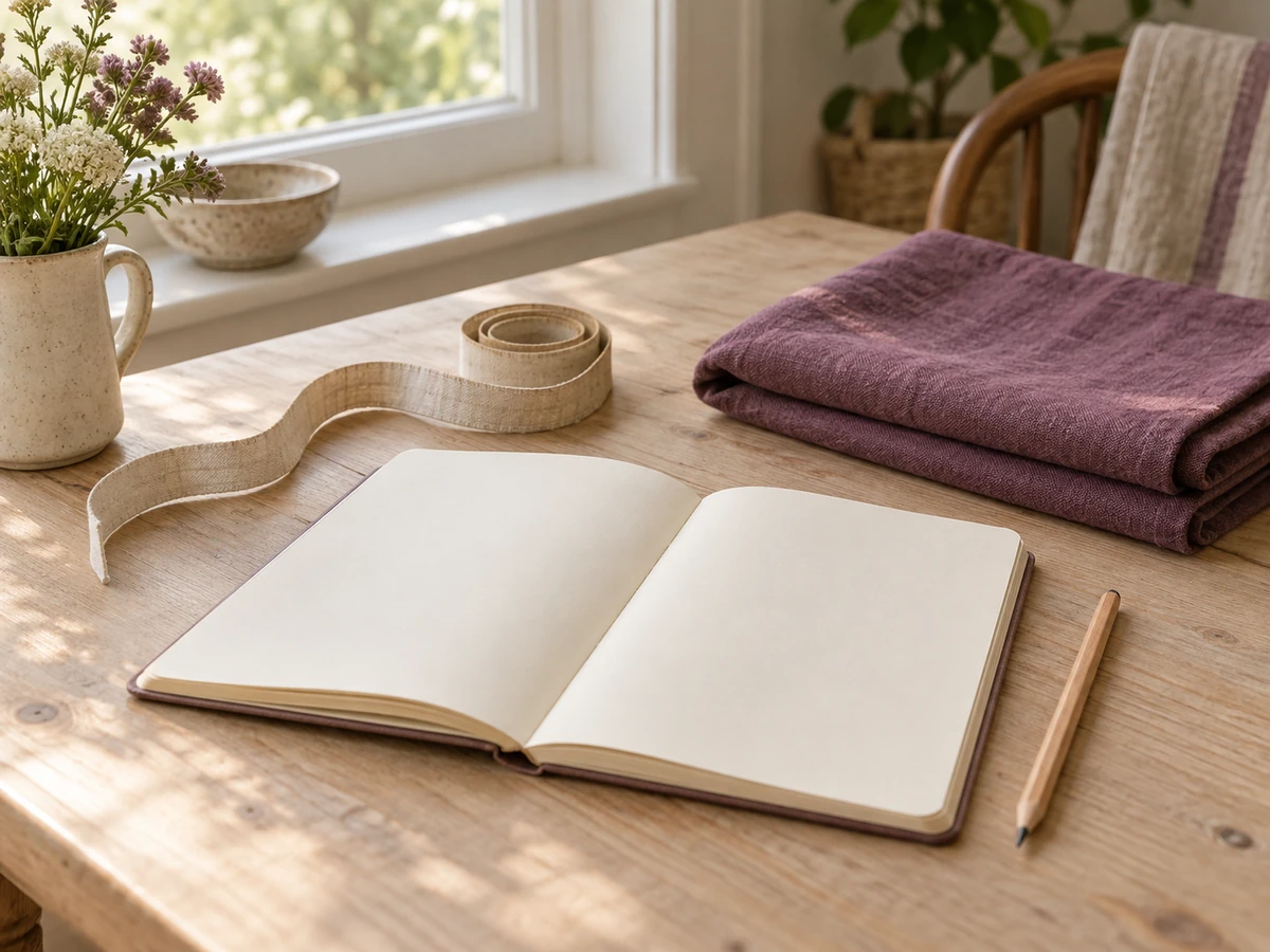 A notebook, measuring tape and folded fabric for preparing a product question