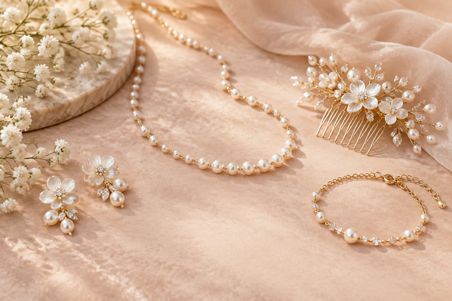 Pearl and gold bridal jewelry arranged on soft blush fabric