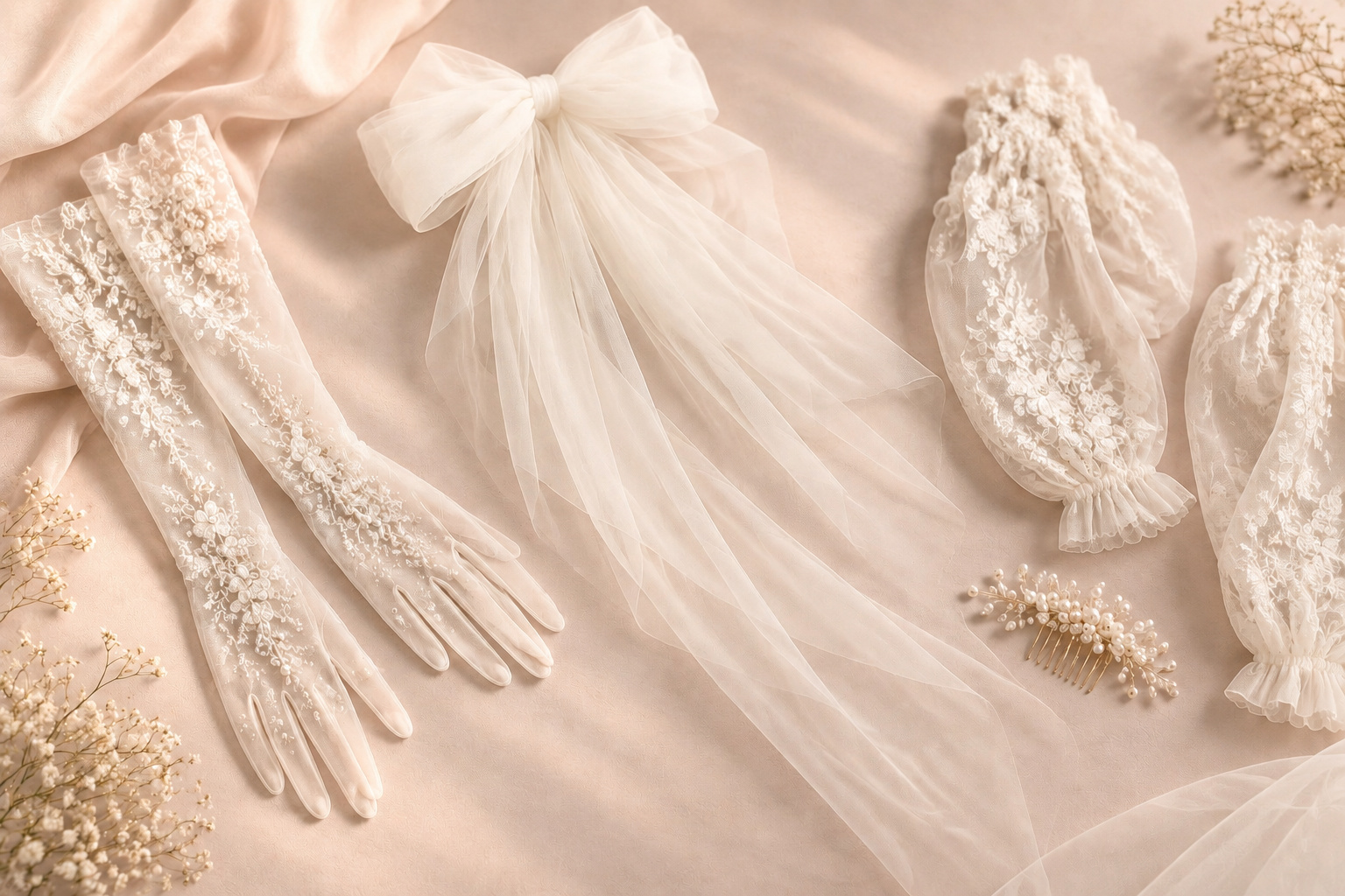 Bridal gloves, veil and pearl accessories arranged on warm ivory fabric